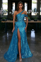 Modernes blaues A-Linien-Ballkleid mit One-Shoulder-Ausschnitt und Pailletten